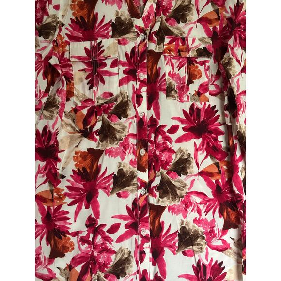 Chico's Womens Pink Floral Collared Button Up Roll Tab Sleeve Size 1 US M Bright - Picture 6 of 6